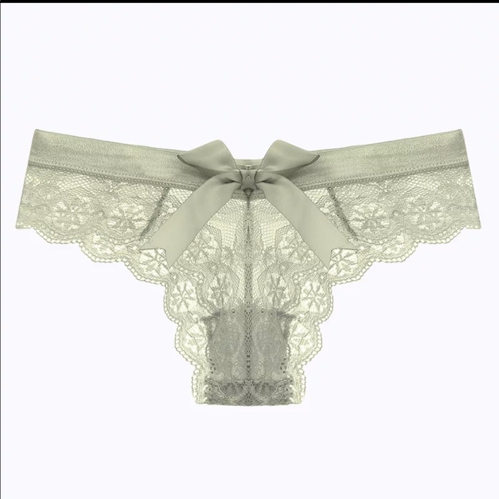 (Last 2) Sexy lace bow thong transparent panty in SAGE GREEN lace